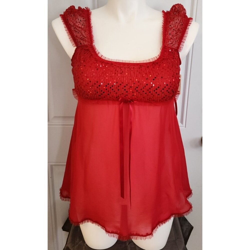 NEW Ambrielle Women's 2 Piece Sheer Babydoll Nightie Top /Thong Set Red Sz Small